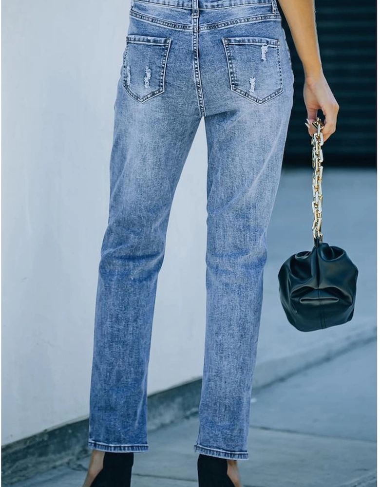 Light Blue Flag Pattern Inspired Sequin Bow Graphic Distressed Jeans