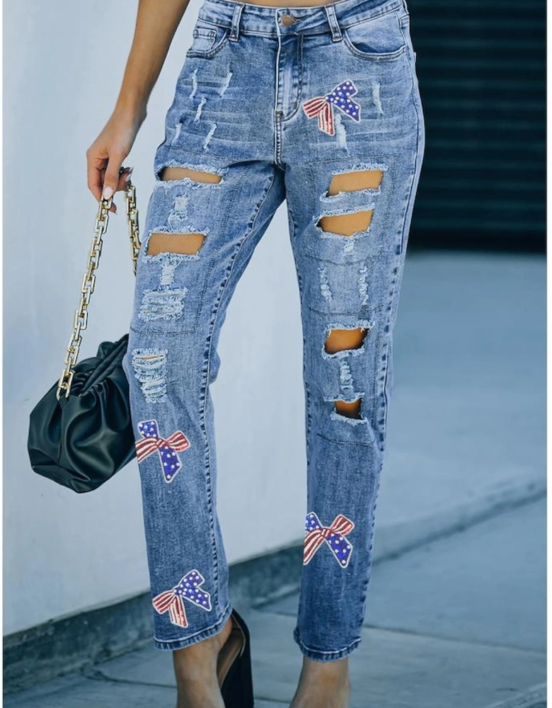 Light Blue Flag Pattern Inspired Sequin Bow Graphic Distressed Jeans