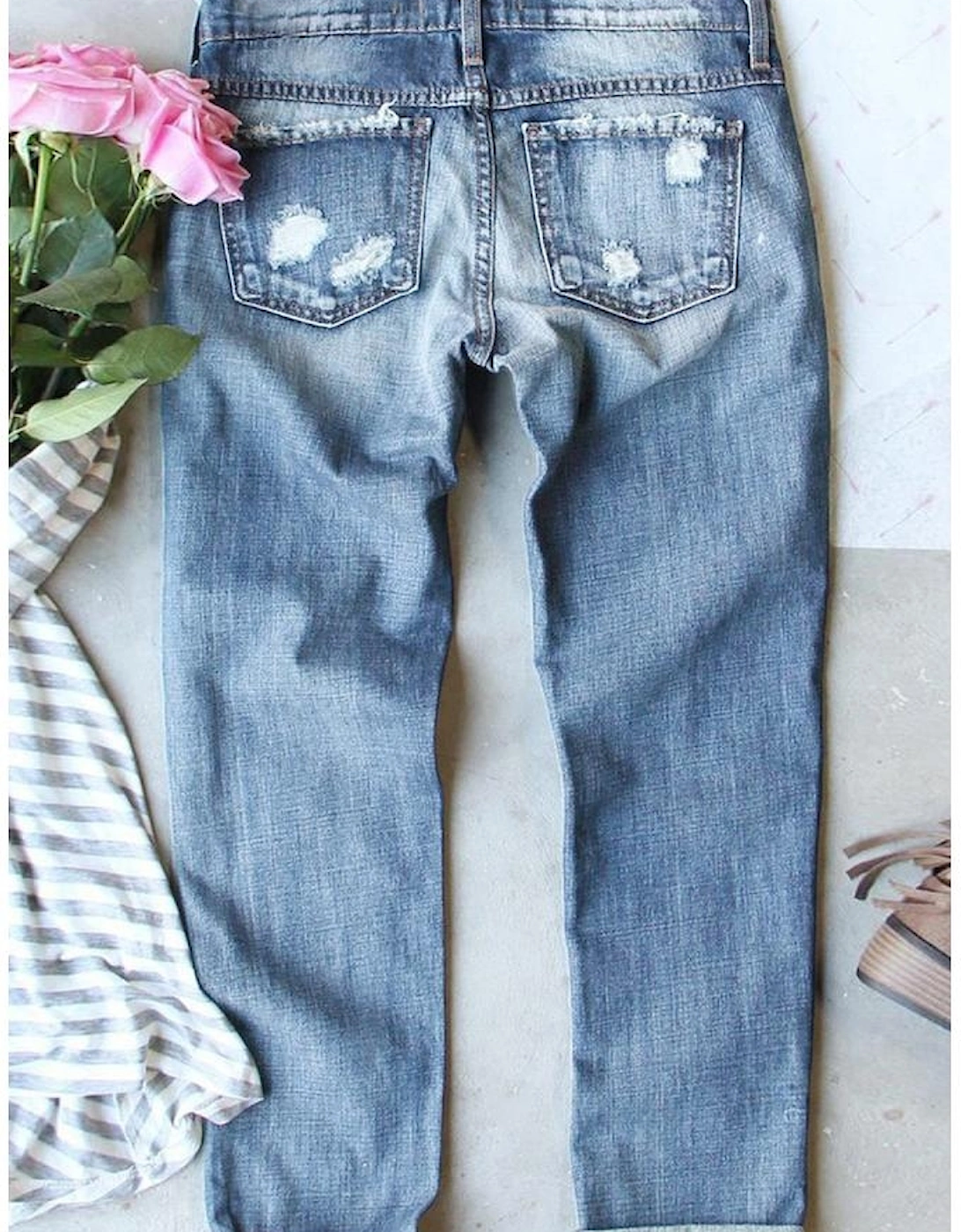 Light Blue Flag Pattern Inspired Sequin Bow Graphic Distressed Jeans