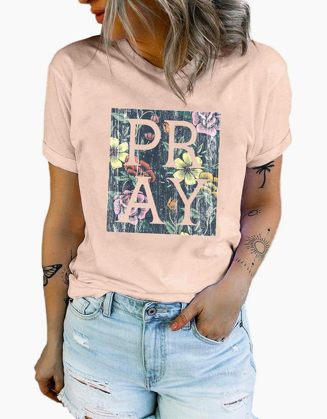 Azura Exchange Floral Print Rolled Short Sleeve T-shirt