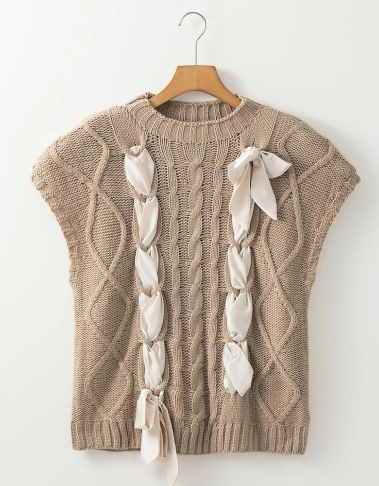 Simply Taupe Cable Knit Colorblock Satin Bowknot Short Sleeve Sweater