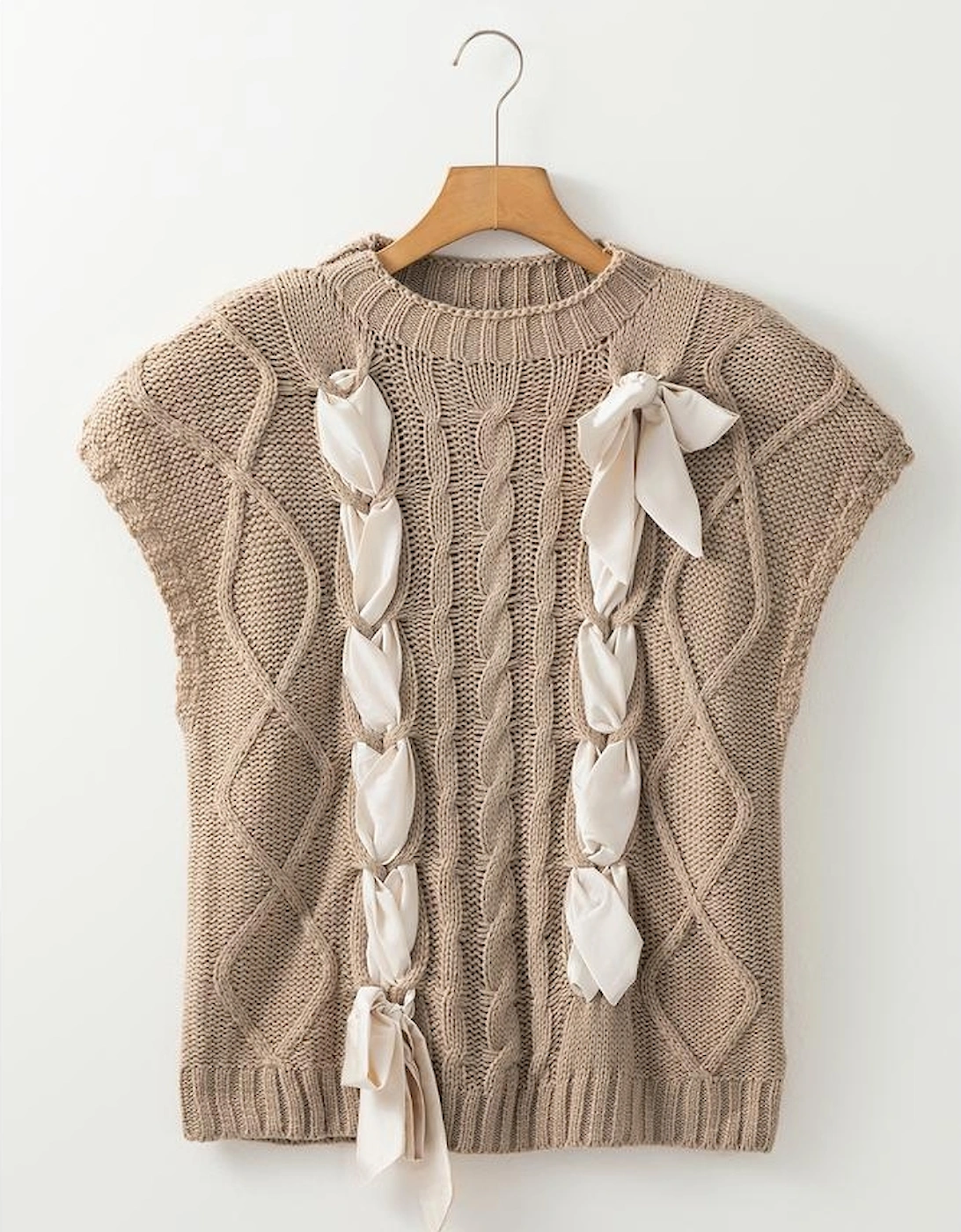 Simply Taupe Cable Knit Colorblock Satin Bowknot Short Sleeve Sweater