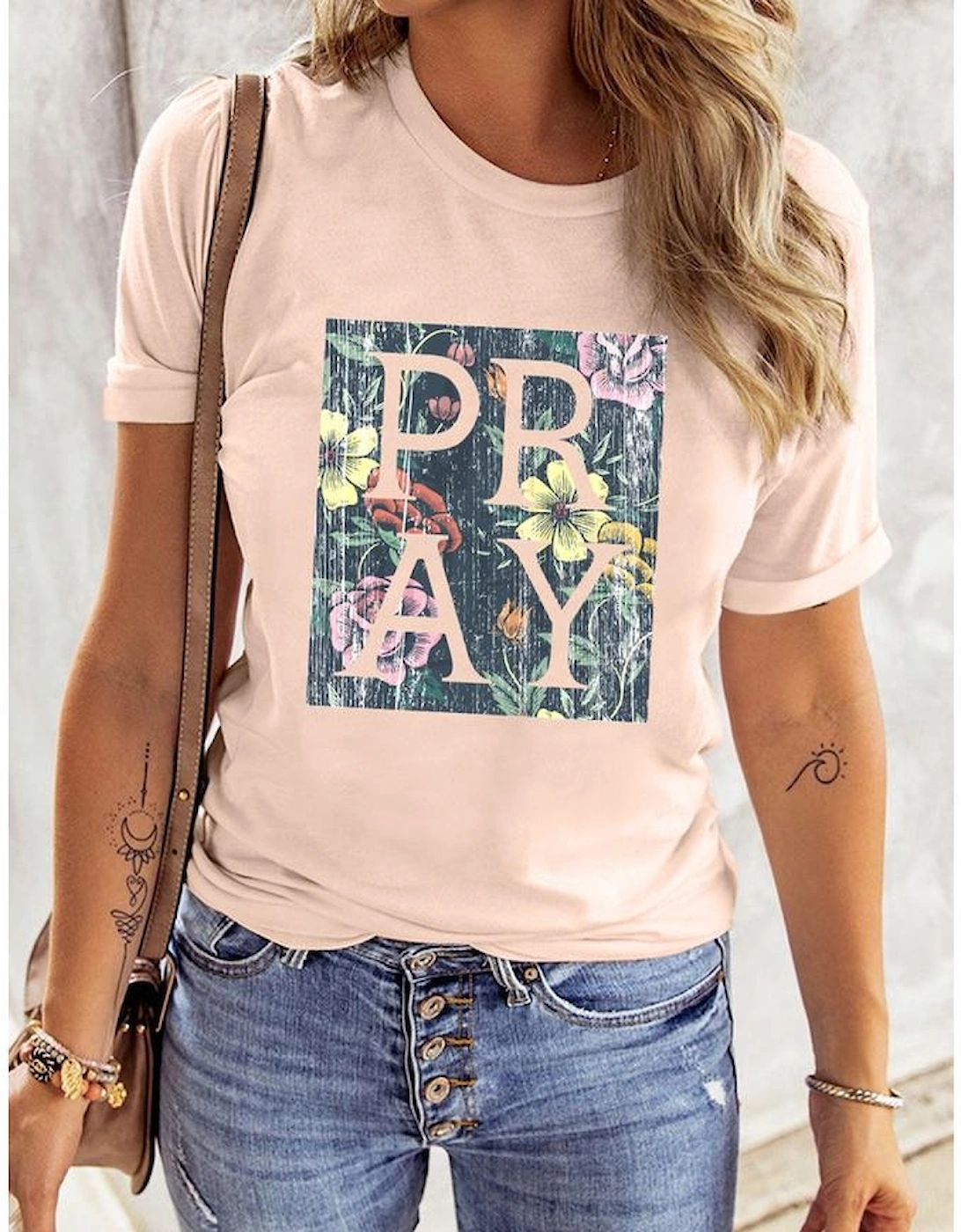 Azura Exchange Floral Print Rolled Short Sleeve T-shirt