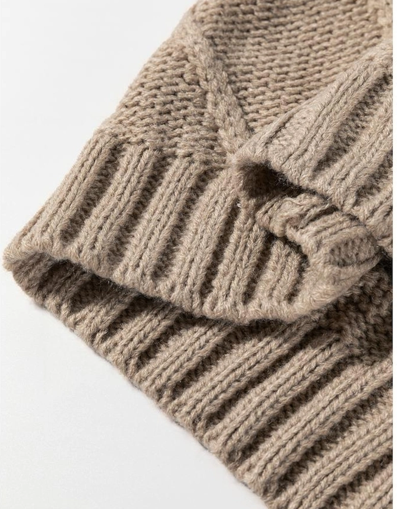 Simply Taupe Cable Knit Colorblock Satin Bowknot Short Sleeve Sweater