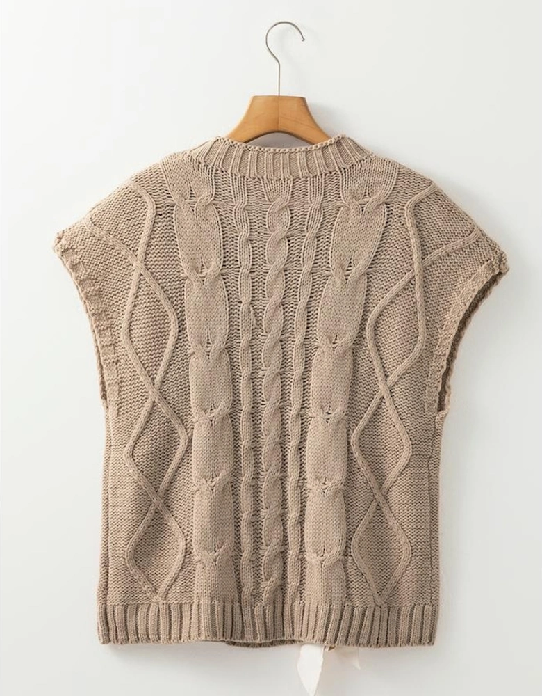 Simply Taupe Cable Knit Colorblock Satin Bowknot Short Sleeve Sweater