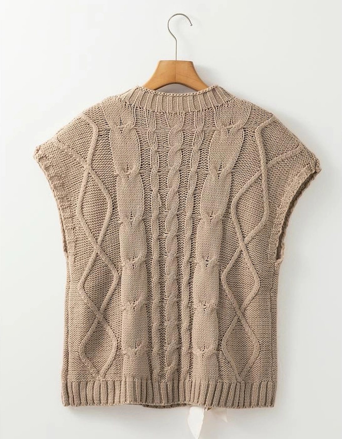 Simply Taupe Cable Knit Colorblock Satin Bowknot Short Sleeve Sweater