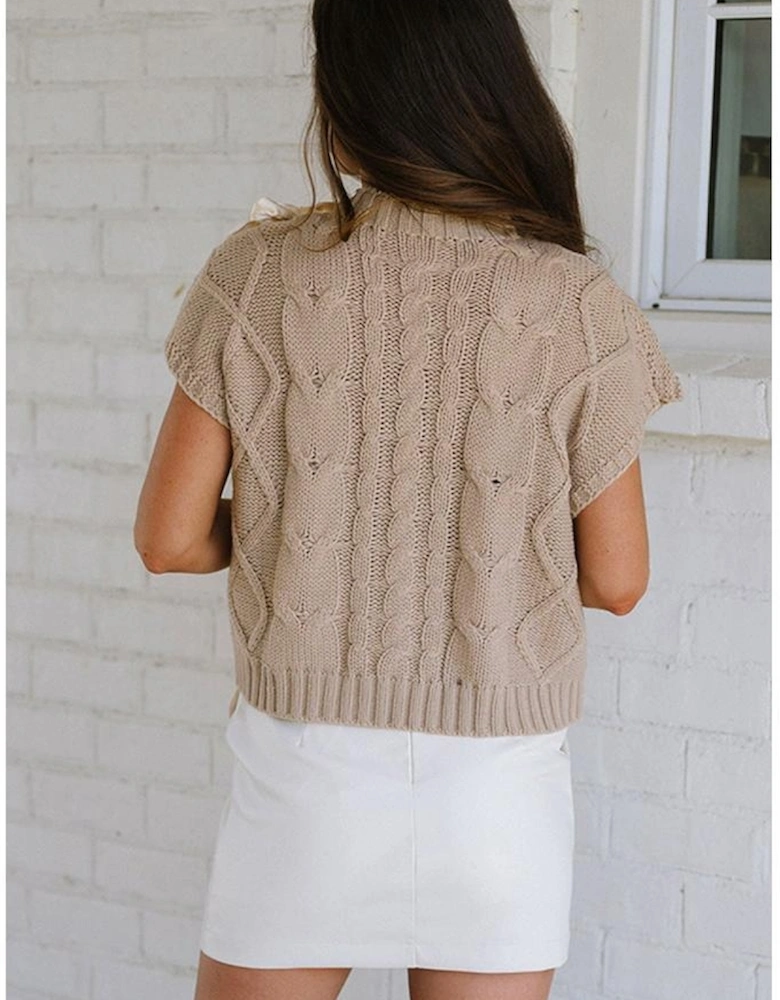 Simply Taupe Cable Knit Colorblock Satin Bowknot Short Sleeve Sweater