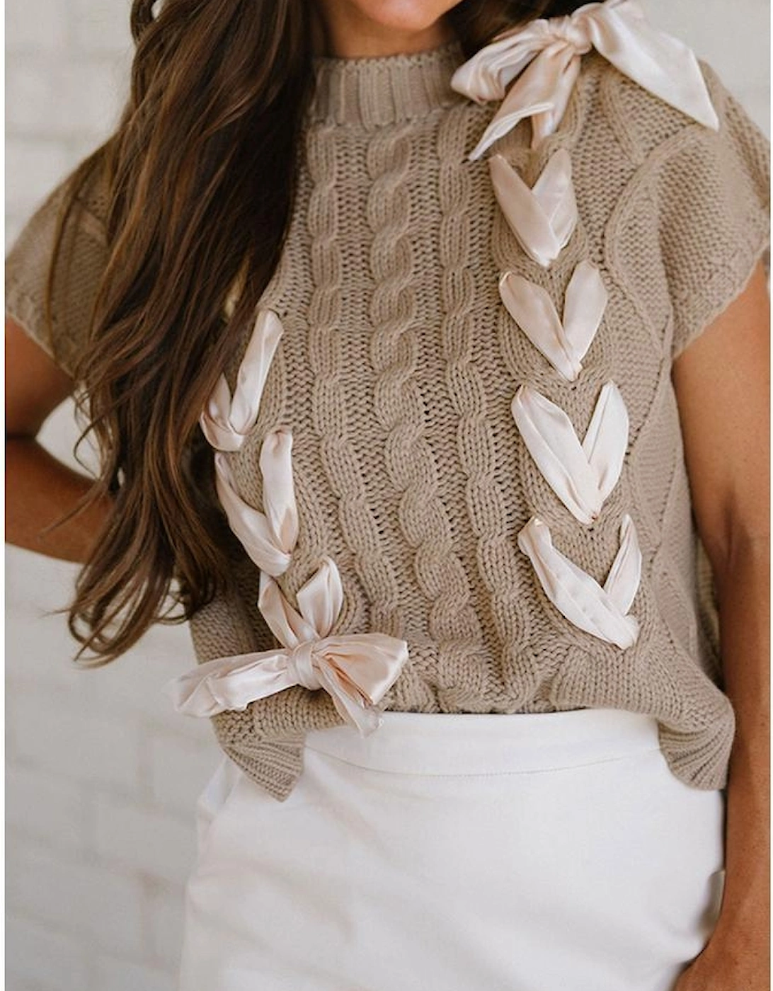 Simply Taupe Cable Knit Colorblock Satin Bowknot Short Sleeve Sweater