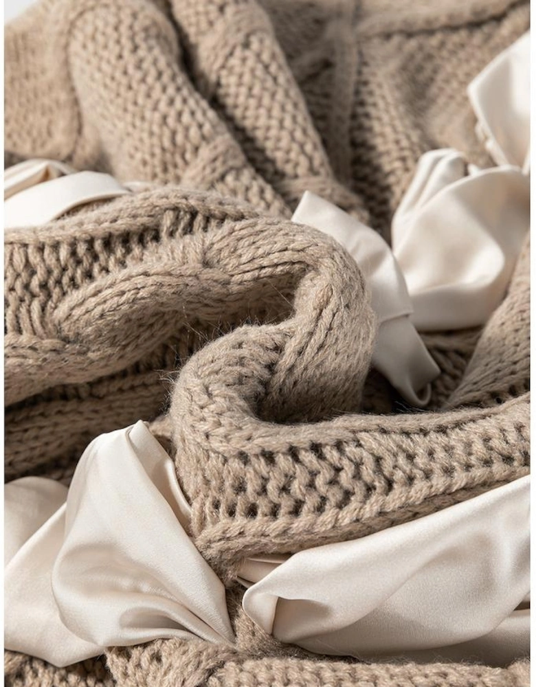 Simply Taupe Cable Knit Colorblock Satin Bowknot Short Sleeve Sweater