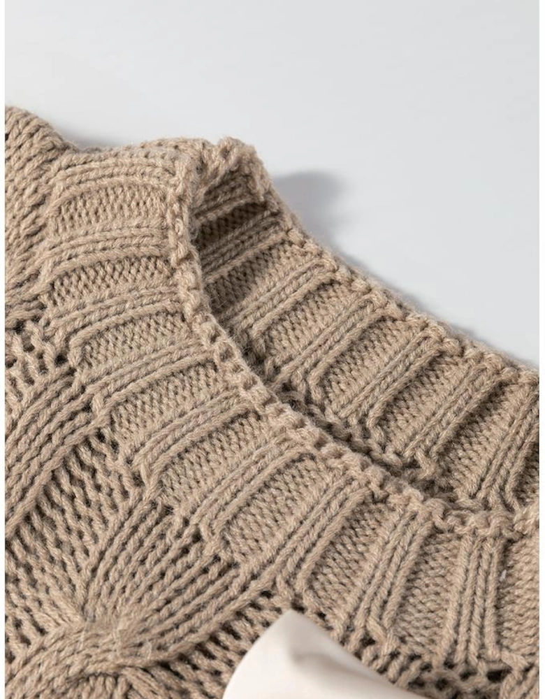 Simply Taupe Cable Knit Colorblock Satin Bowknot Short Sleeve Sweater