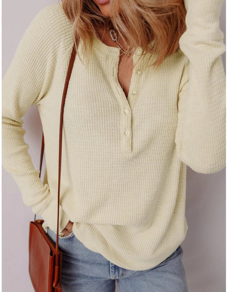 Oatmeal Textured Knit Half Buttons Henley Top