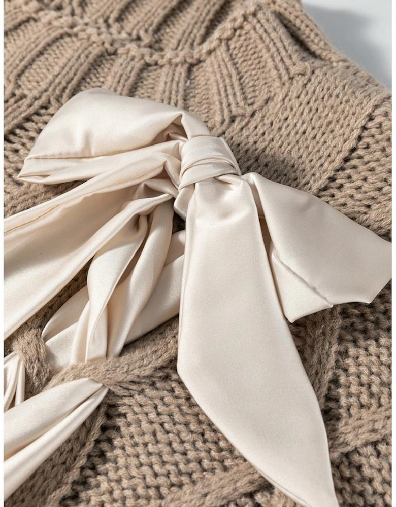 Simply Taupe Cable Knit Colorblock Satin Bowknot Short Sleeve Sweater