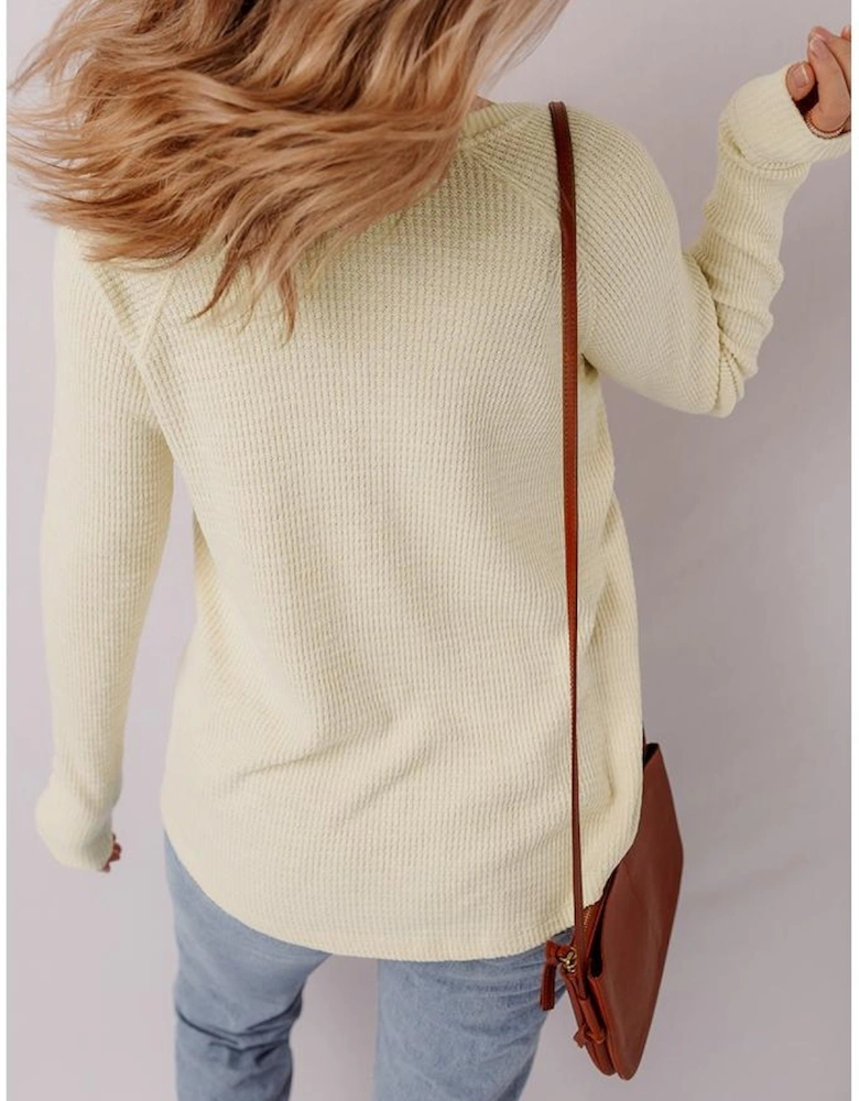 Oatmeal Textured Knit Half Buttons Henley Top