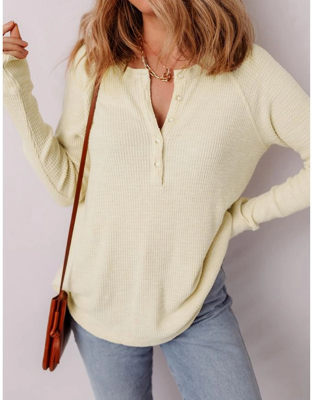 Oatmeal Textured Knit Half Buttons Henley Top
