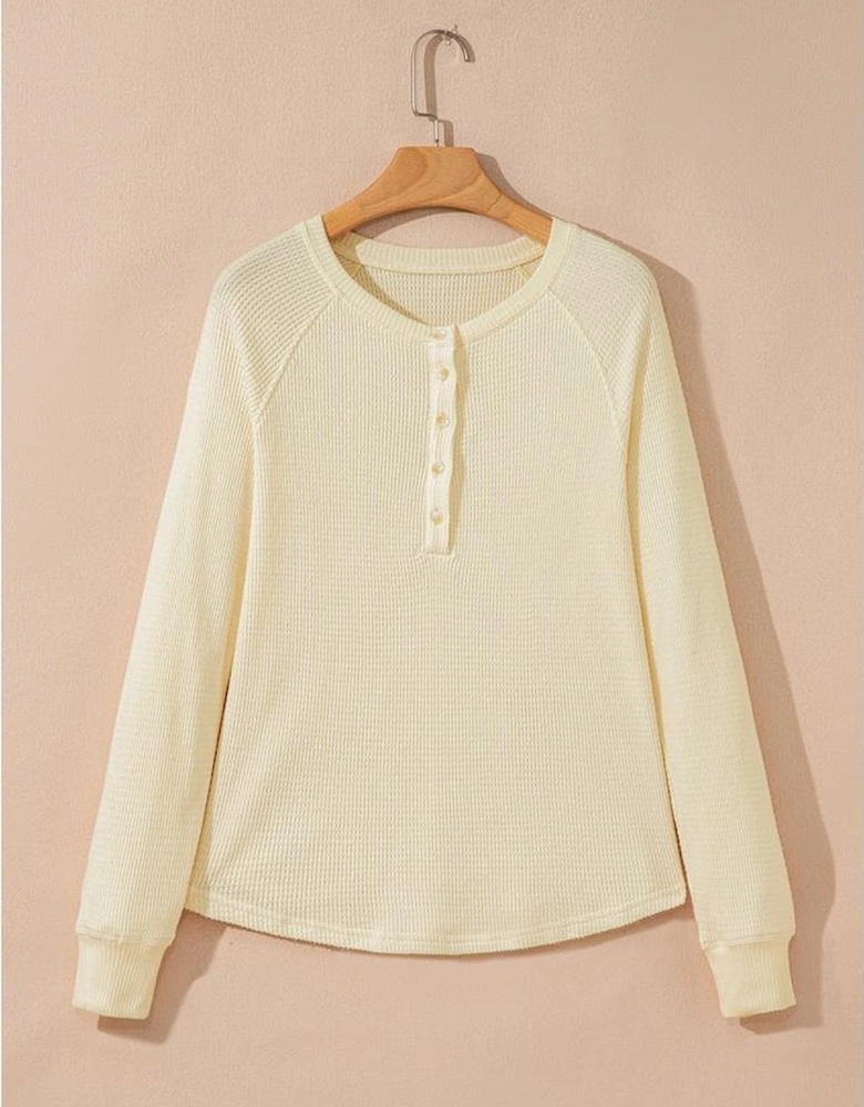 Oatmeal Textured Knit Half Buttons Henley Top