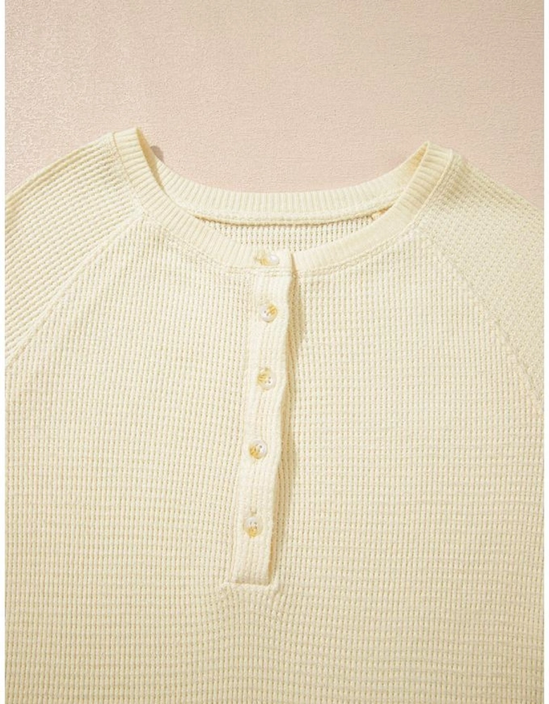 Oatmeal Textured Knit Half Buttons Henley Top