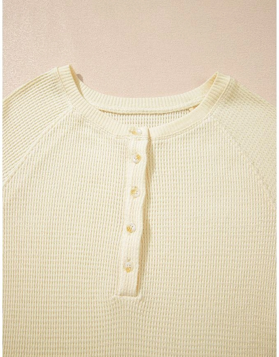 Oatmeal Textured Knit Half Buttons Henley Top
