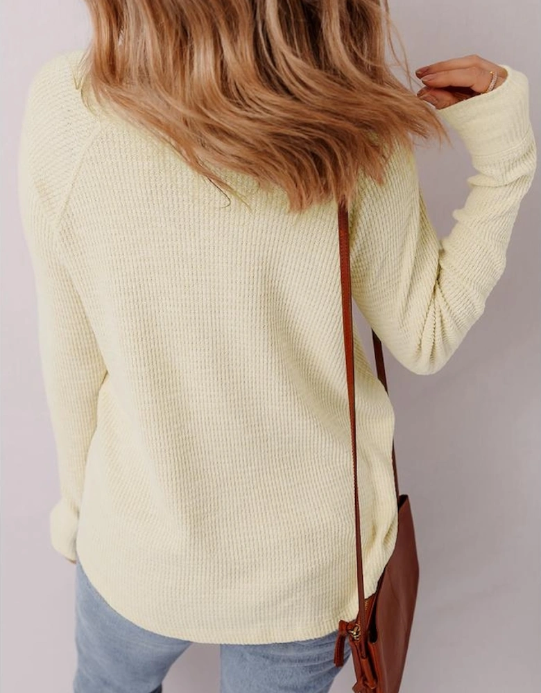 Oatmeal Textured Knit Half Buttons Henley Top