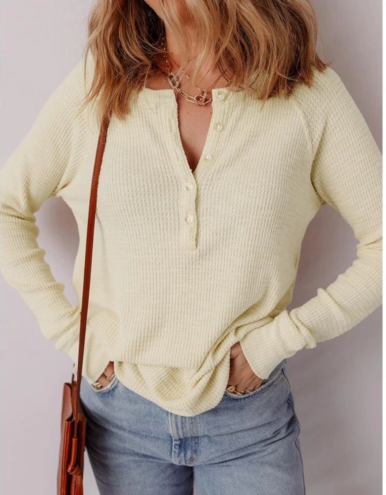 Oatmeal Textured Knit Half Buttons Henley Top
