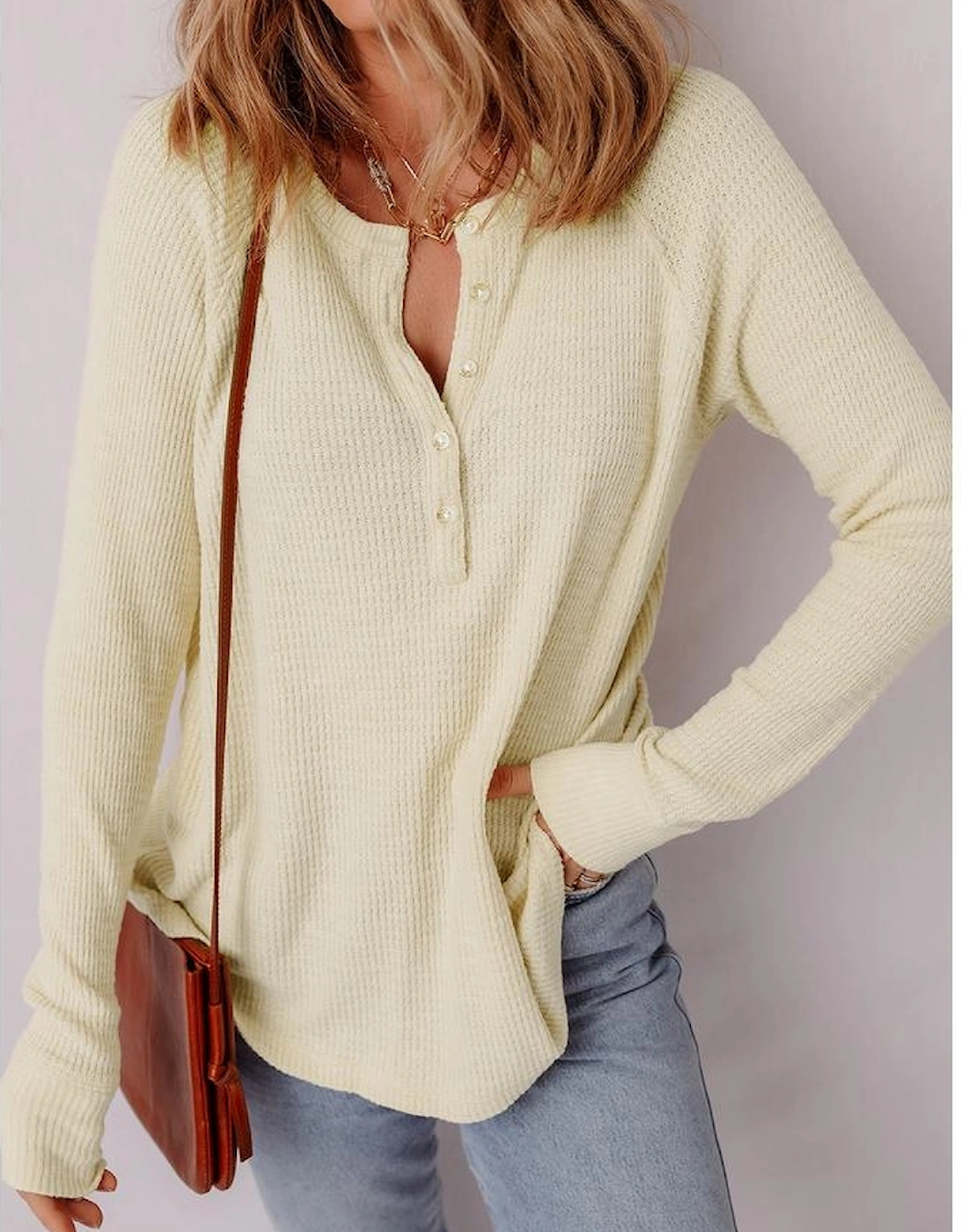 Oatmeal Textured Knit Half Buttons Henley Top