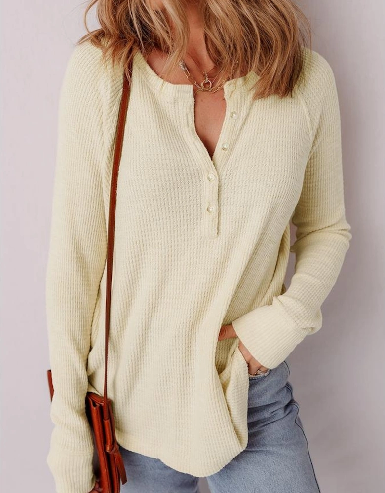Oatmeal Textured Knit Half Buttons Henley Top
