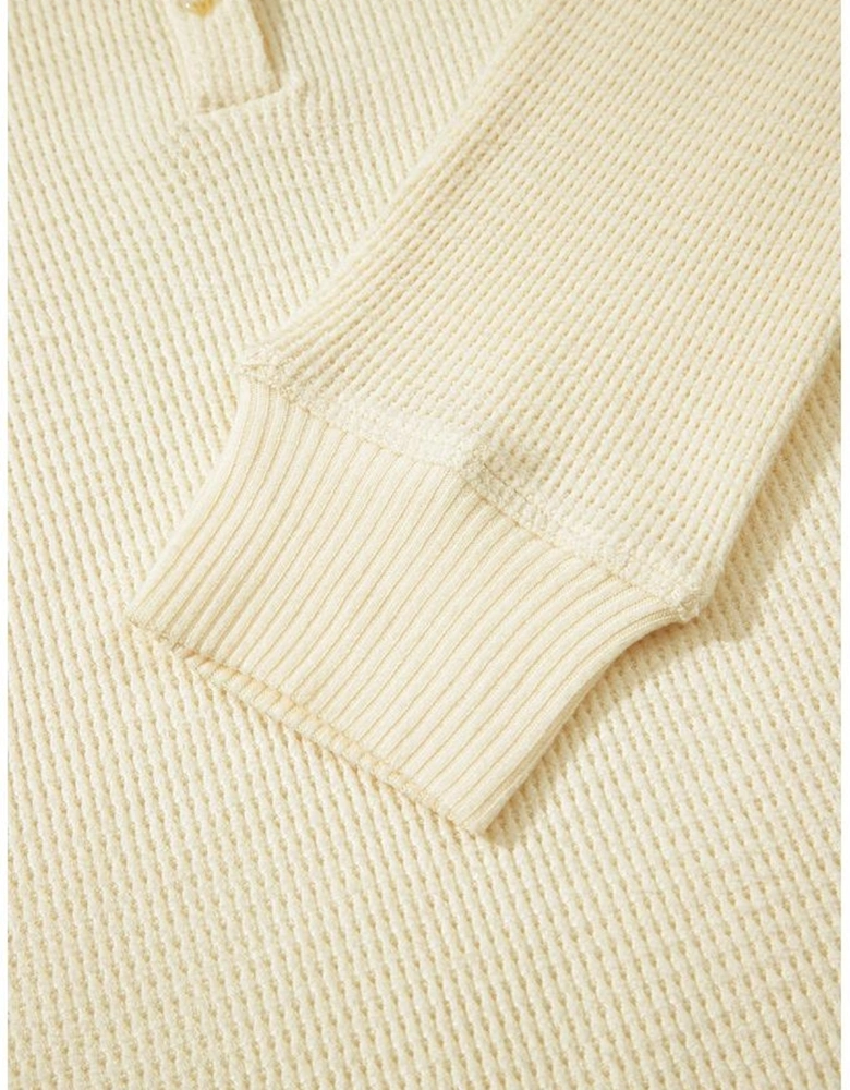 Oatmeal Textured Knit Half Buttons Henley Top