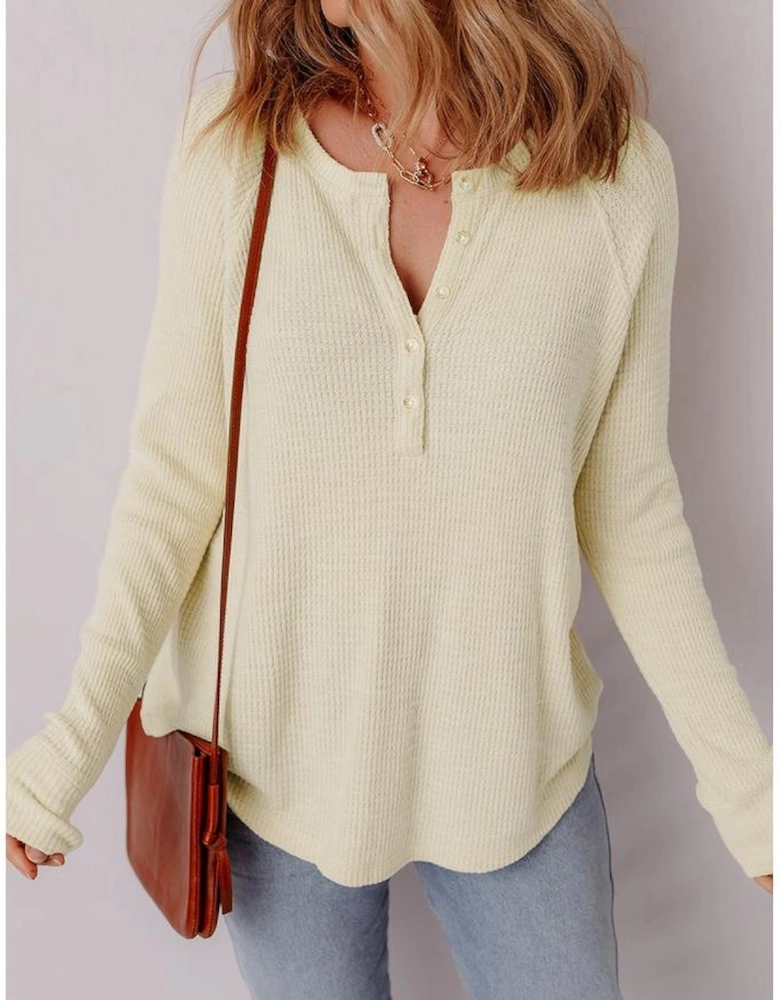Oatmeal Textured Knit Half Buttons Henley Top