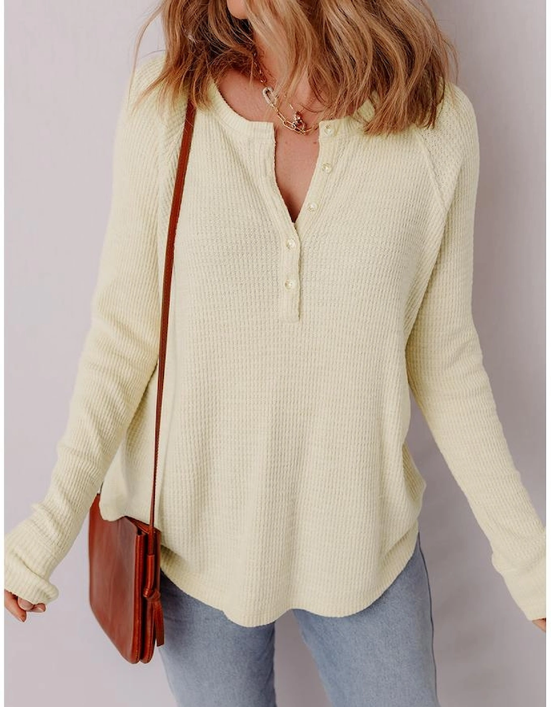 Oatmeal Textured Knit Half Buttons Henley Top