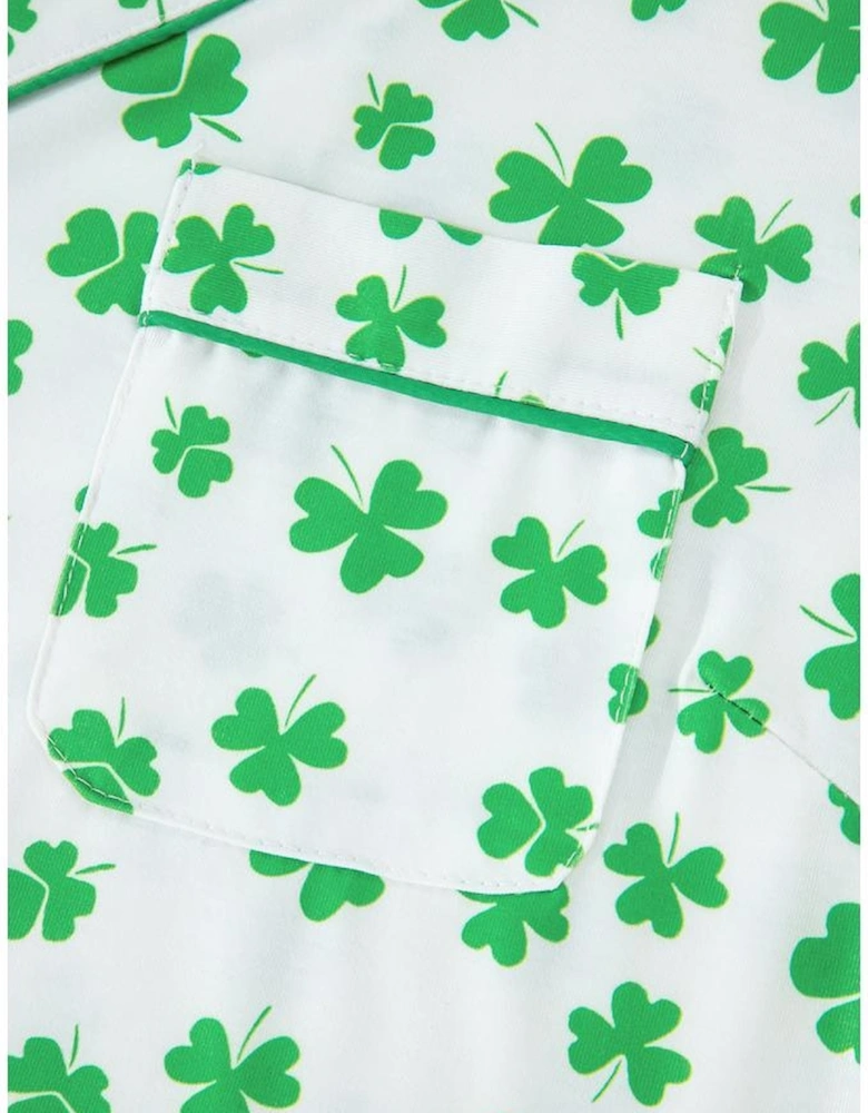 Green Clover Printed Short Sleeve and Ruffled Shorts Pajama Set