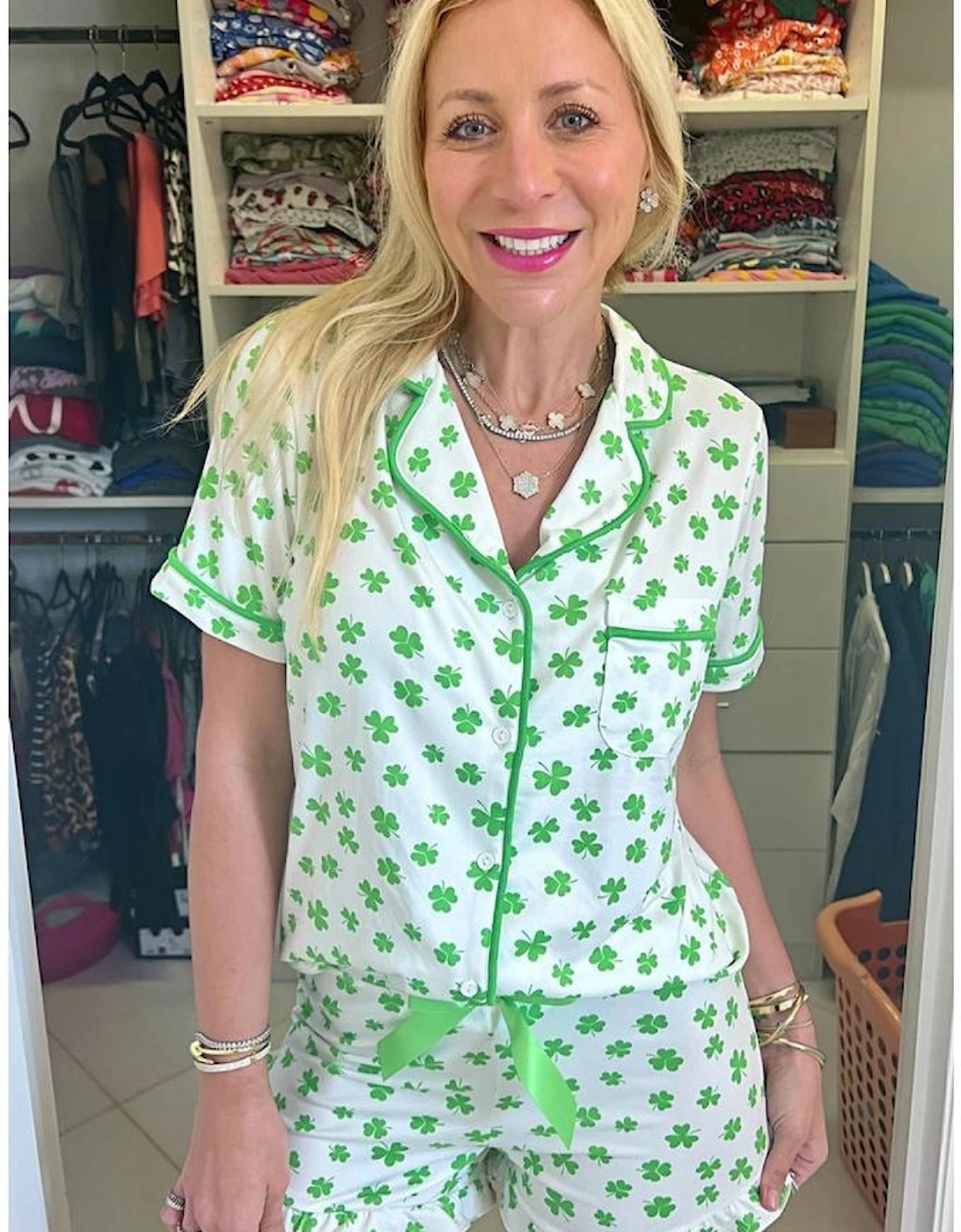 Green Clover Printed Short Sleeve and Ruffled Shorts Pajama Set, 13 of 12