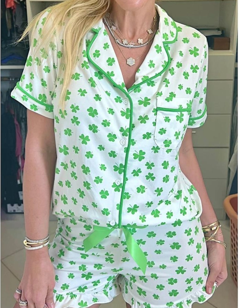 Green Clover Printed Short Sleeve and Ruffled Shorts Pajama Set