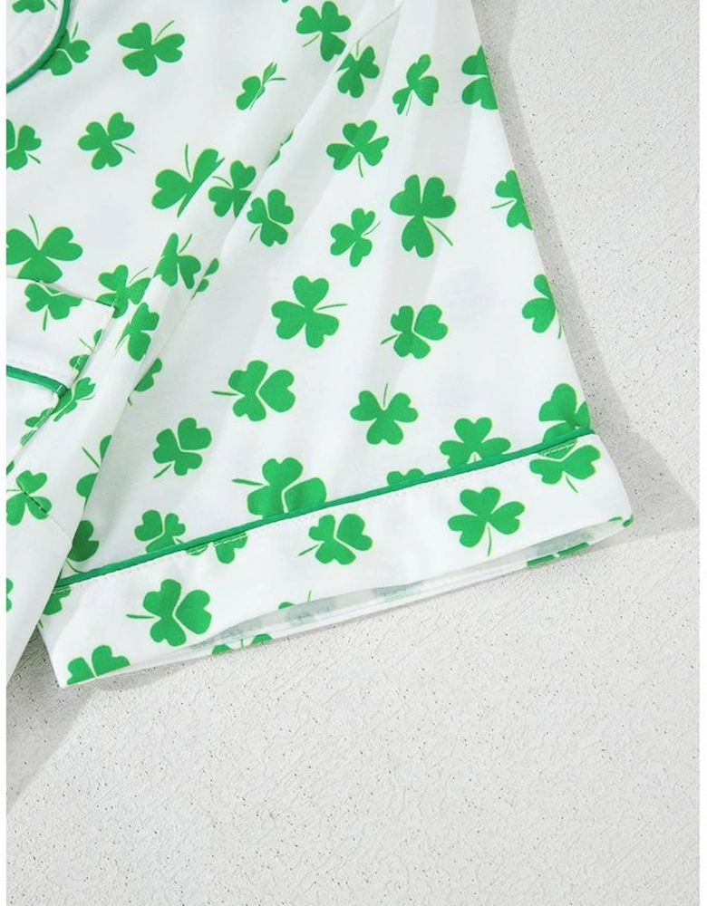 Green Clover Printed Short Sleeve and Ruffled Shorts Pajama Set