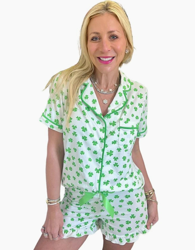 Green Clover Printed Short Sleeve and Ruffled Shorts Pajama Set