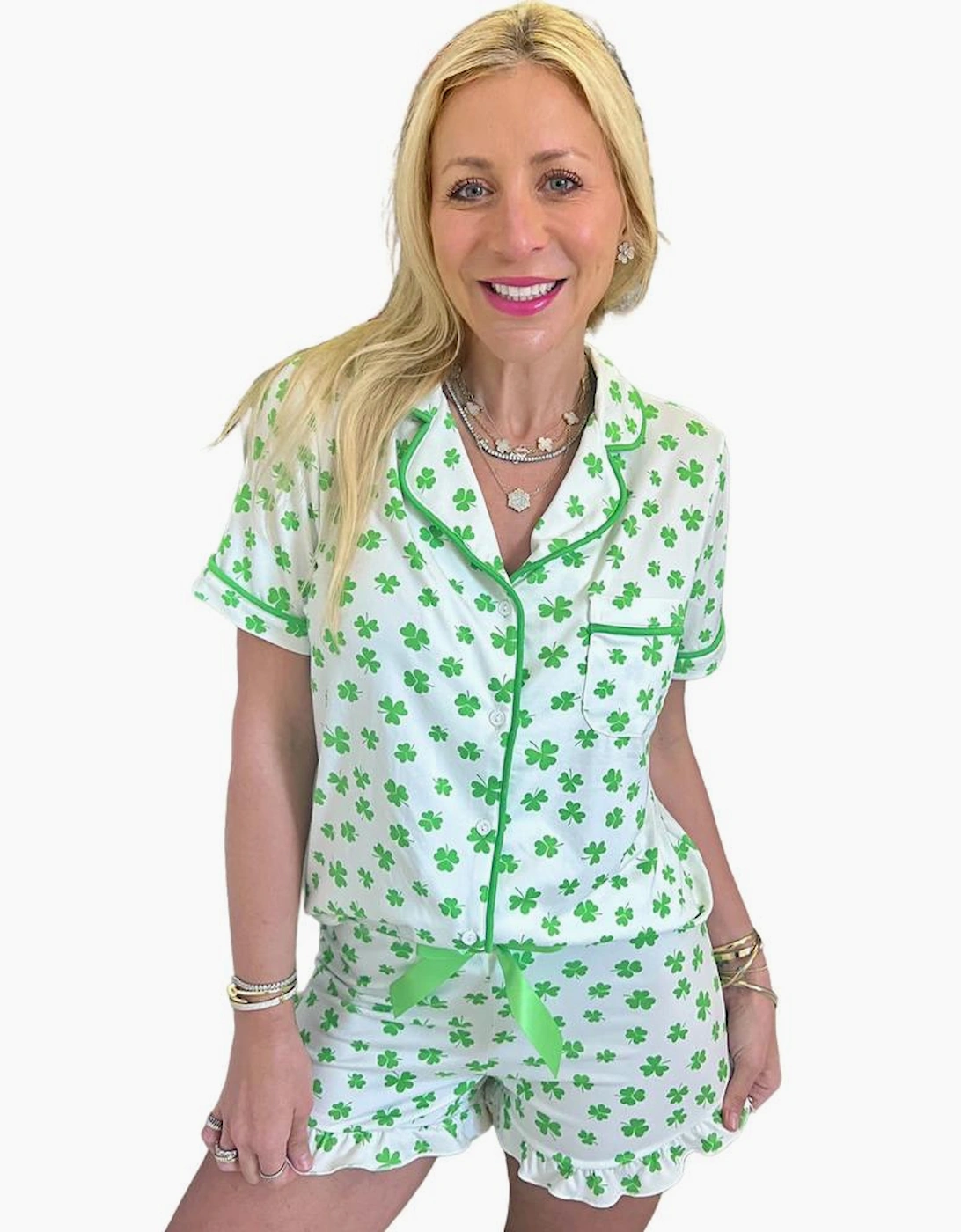 Green Clover Printed Short Sleeve and Ruffled Shorts Pajama Set