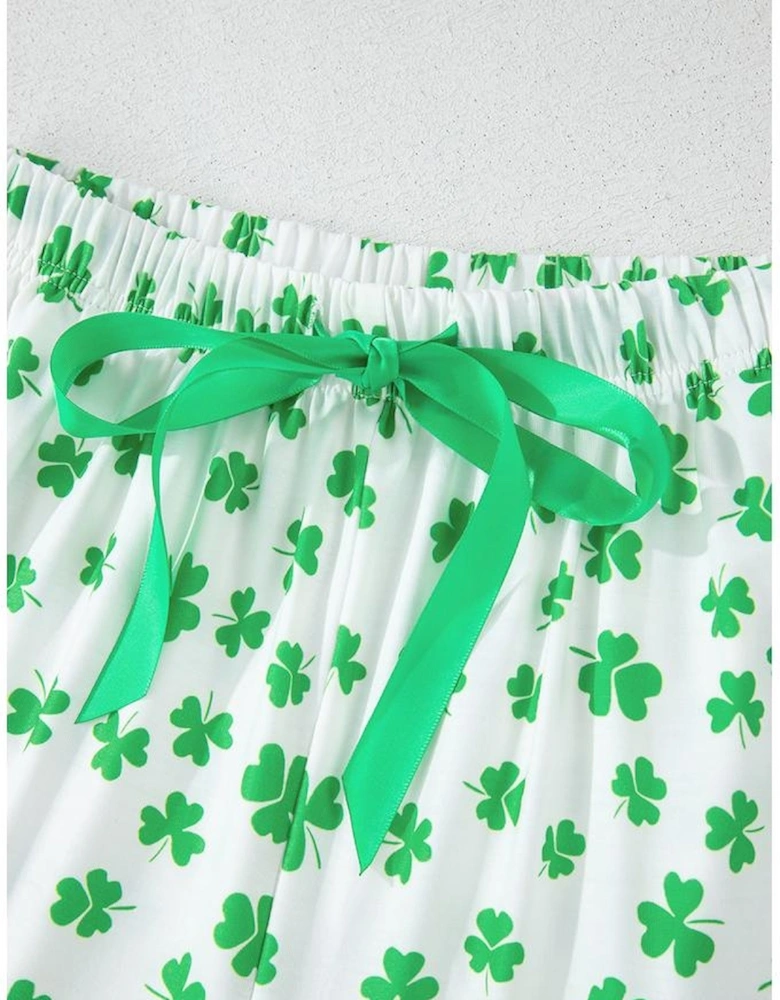 Green Clover Printed Short Sleeve and Ruffled Shorts Pajama Set