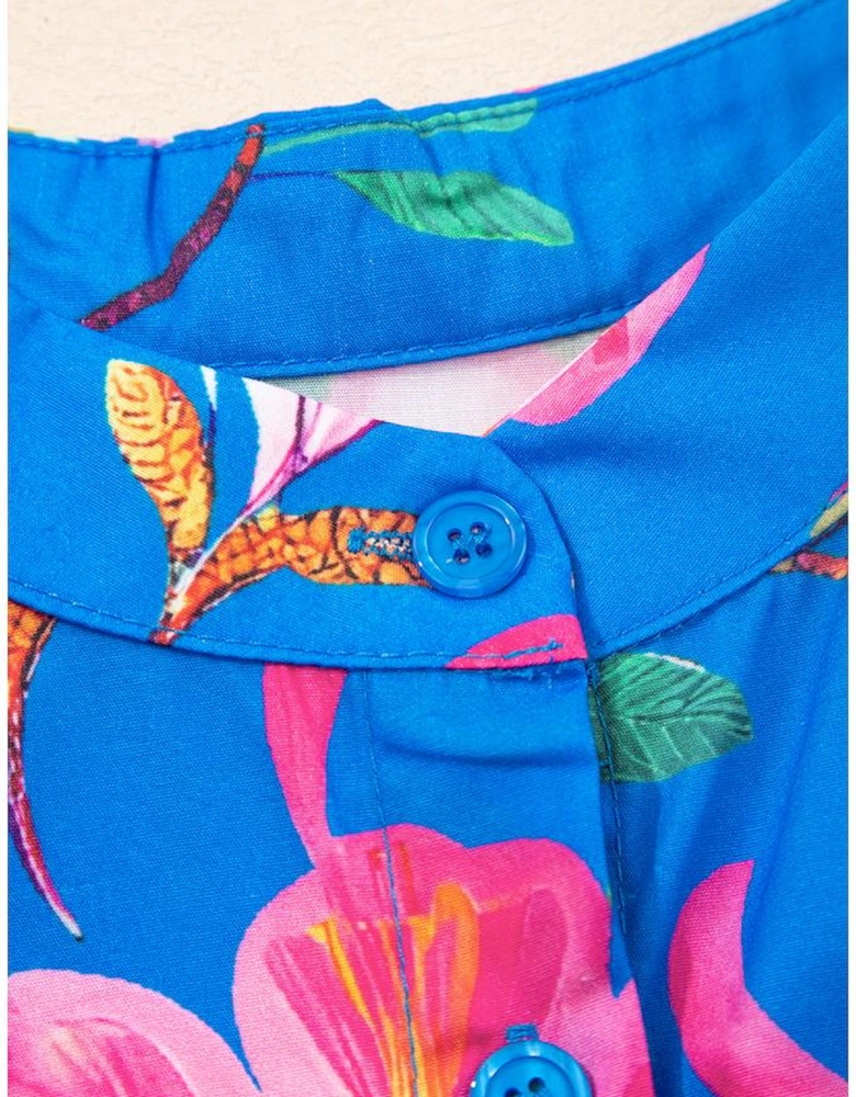 Blue Floral Short Puff Sleeve Button Up Shirt