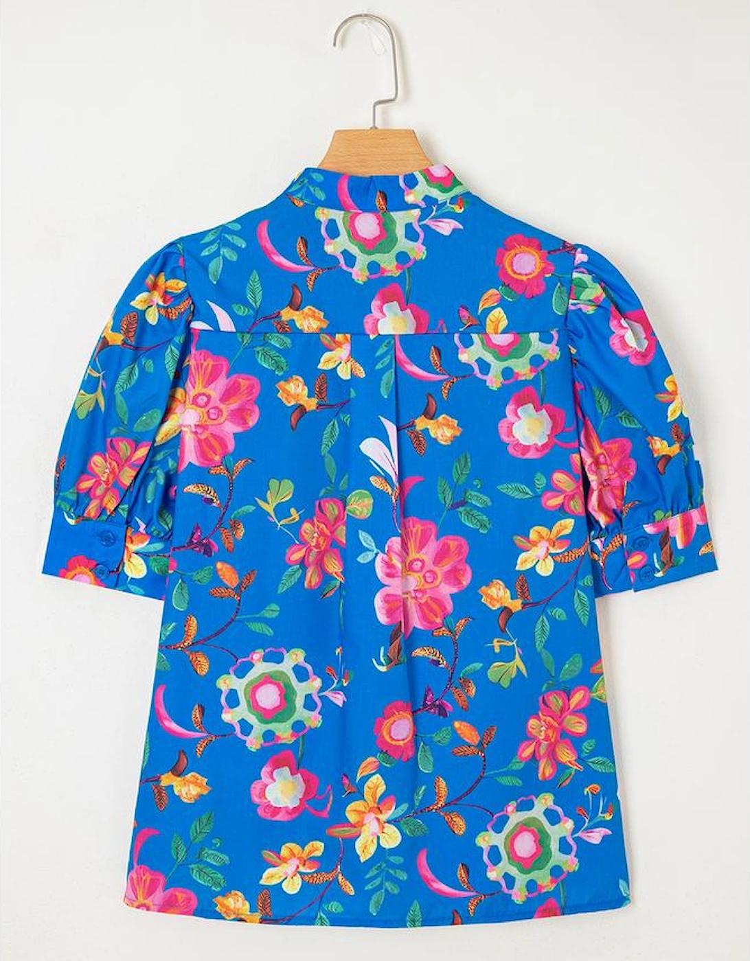 Blue Floral Short Puff Sleeve Button Up Shirt