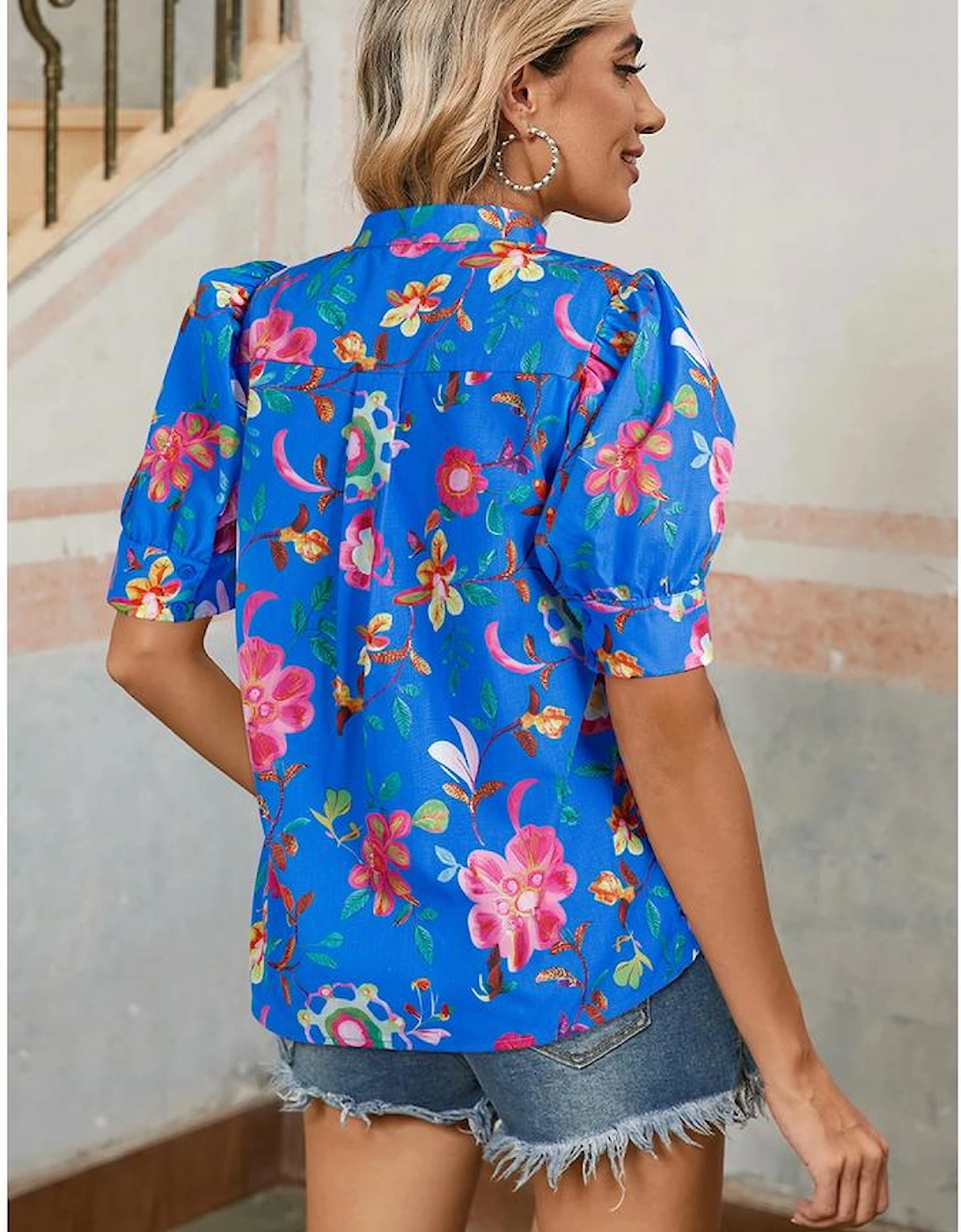 Blue Floral Short Puff Sleeve Button Up Shirt, 12 of 11