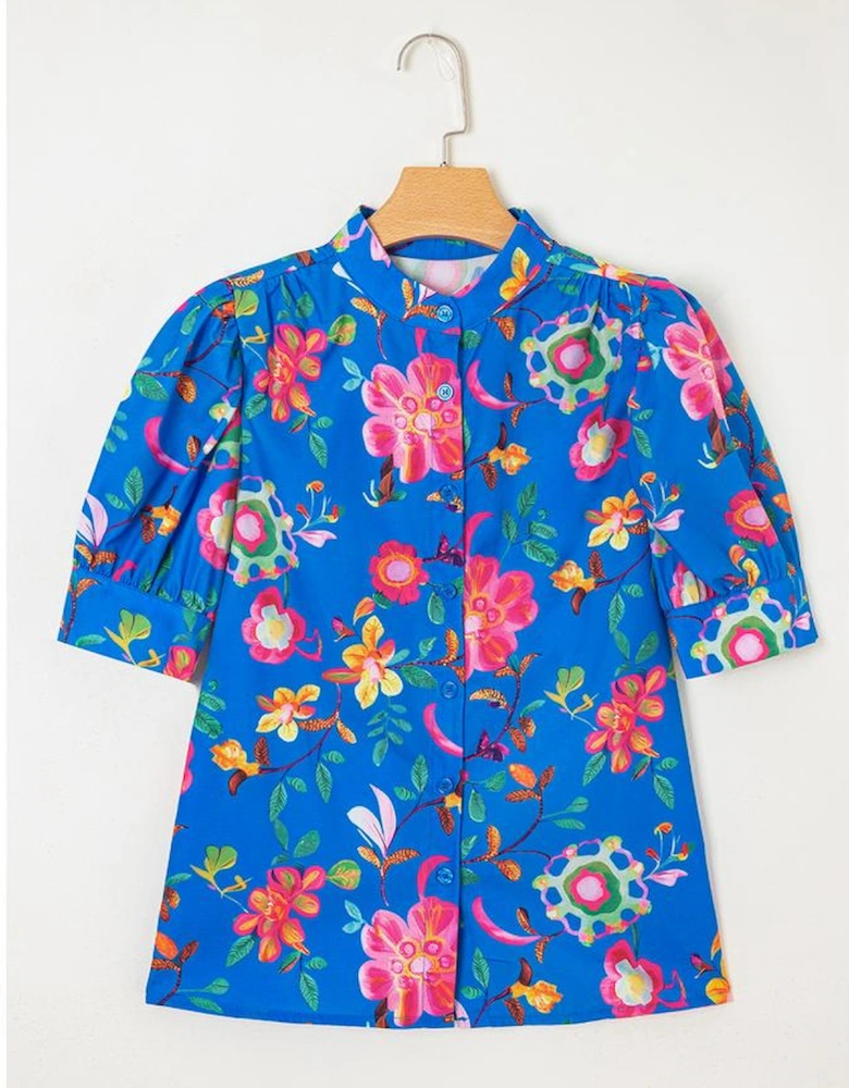 Blue Floral Short Puff Sleeve Button Up Shirt