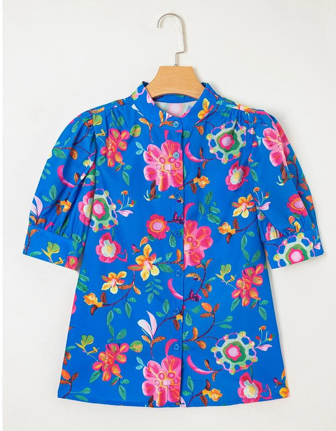 Blue Floral Short Puff Sleeve Button Up Shirt