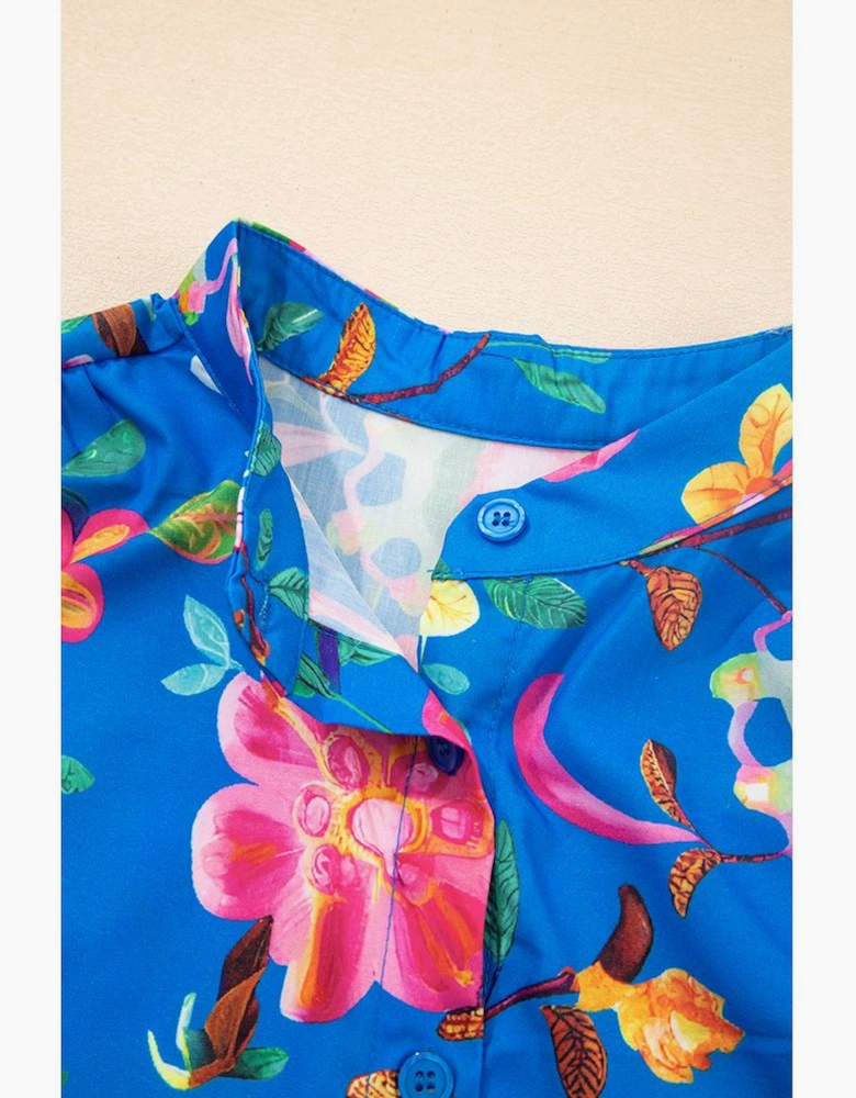 Blue Floral Short Puff Sleeve Button Up Shirt