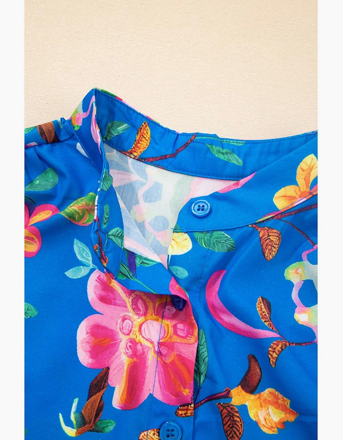 Blue Floral Short Puff Sleeve Button Up Shirt