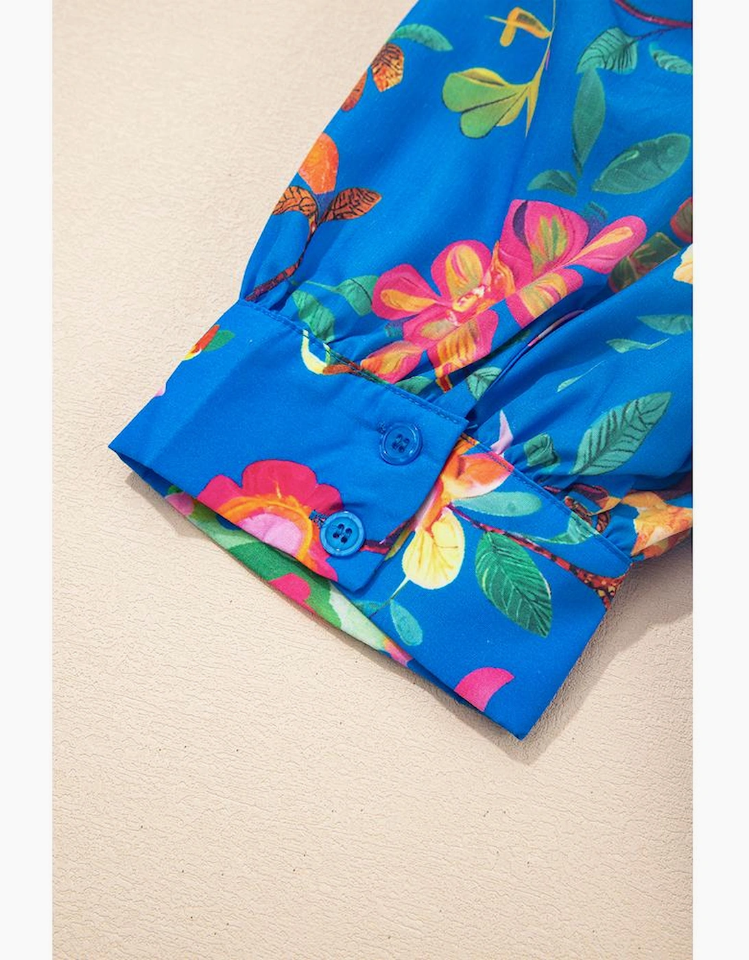 Blue Floral Short Puff Sleeve Button Up Shirt