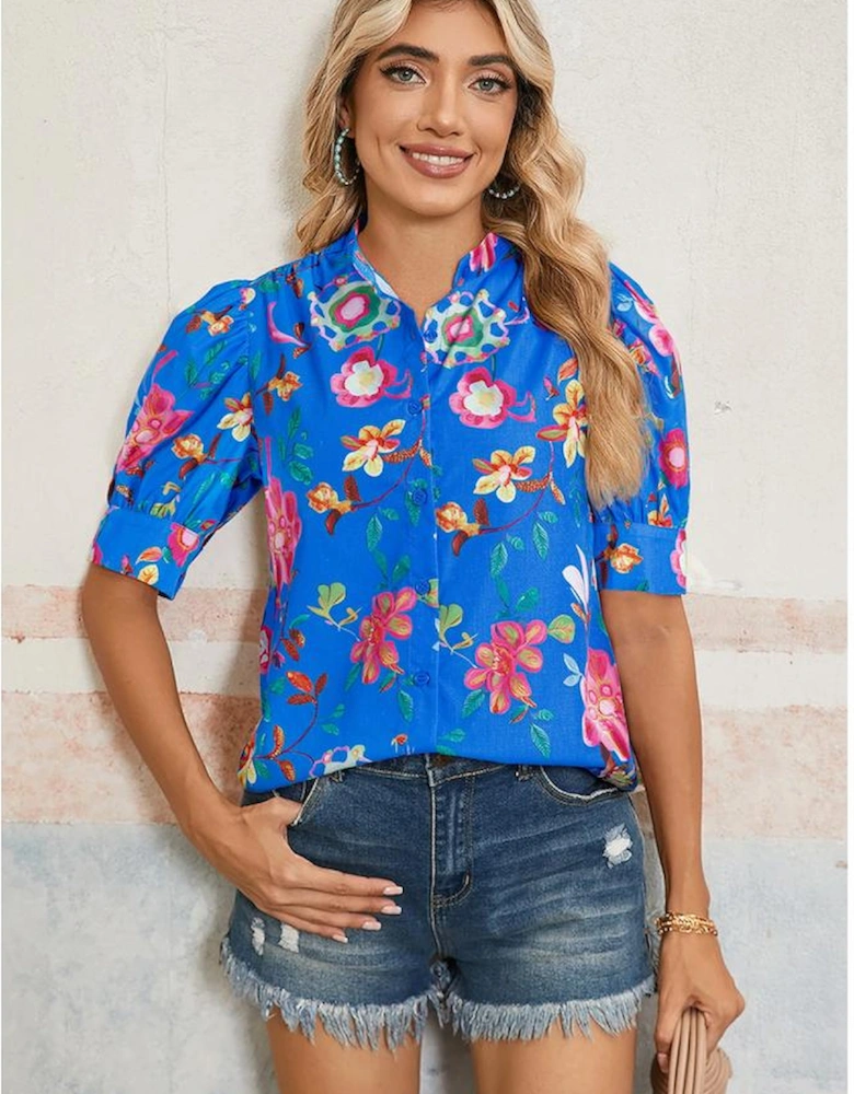Blue Floral Short Puff Sleeve Button Up Shirt