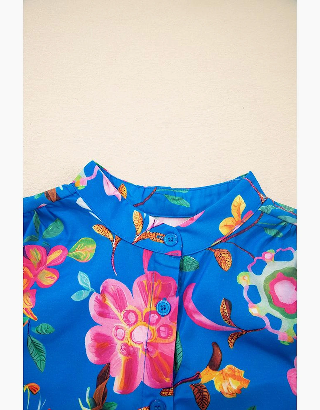 Blue Floral Short Puff Sleeve Button Up Shirt