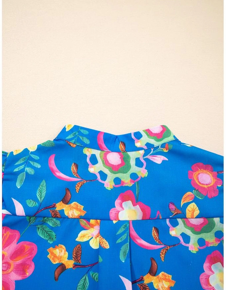 Blue Floral Short Puff Sleeve Button Up Shirt