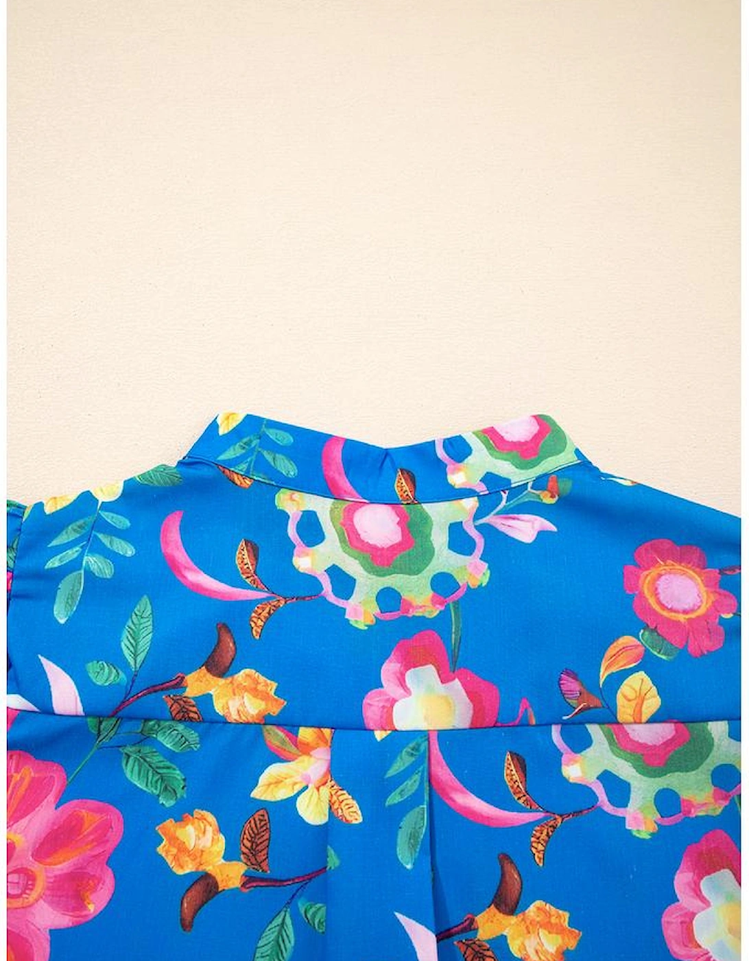Blue Floral Short Puff Sleeve Button Up Shirt