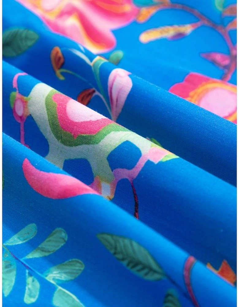 Blue Floral Short Puff Sleeve Button Up Shirt