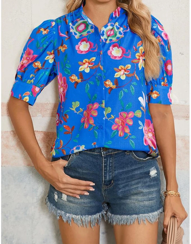 Blue Floral Short Puff Sleeve Button Up Shirt