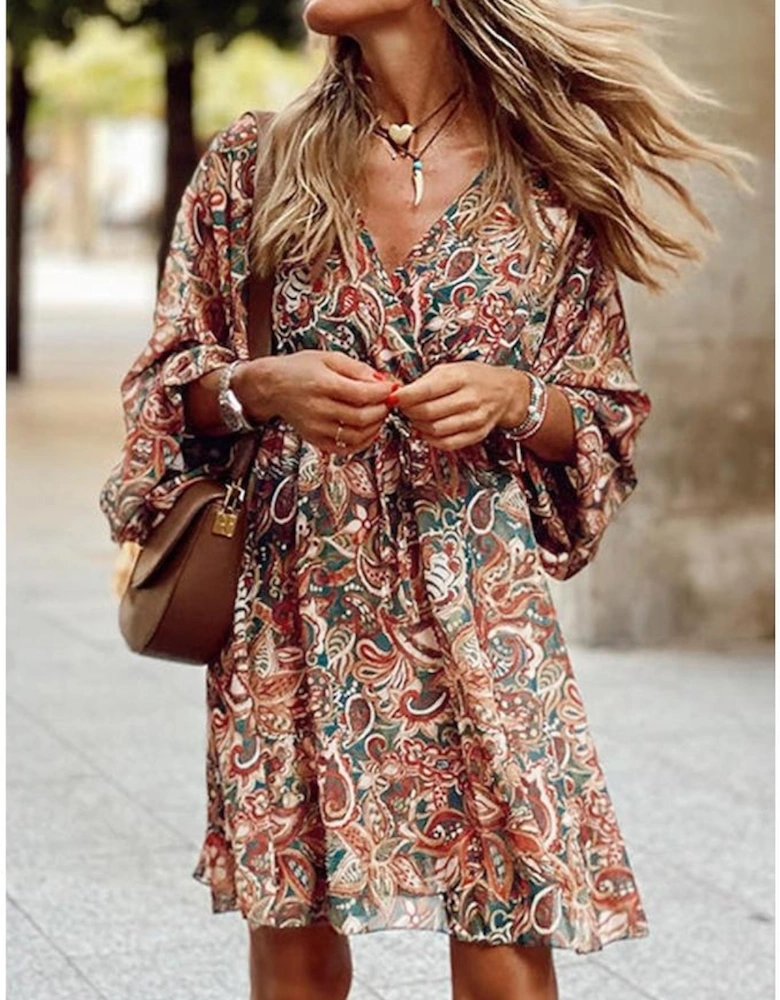Brown Geometric Print Long Sleeve Surplice Flowy Dress